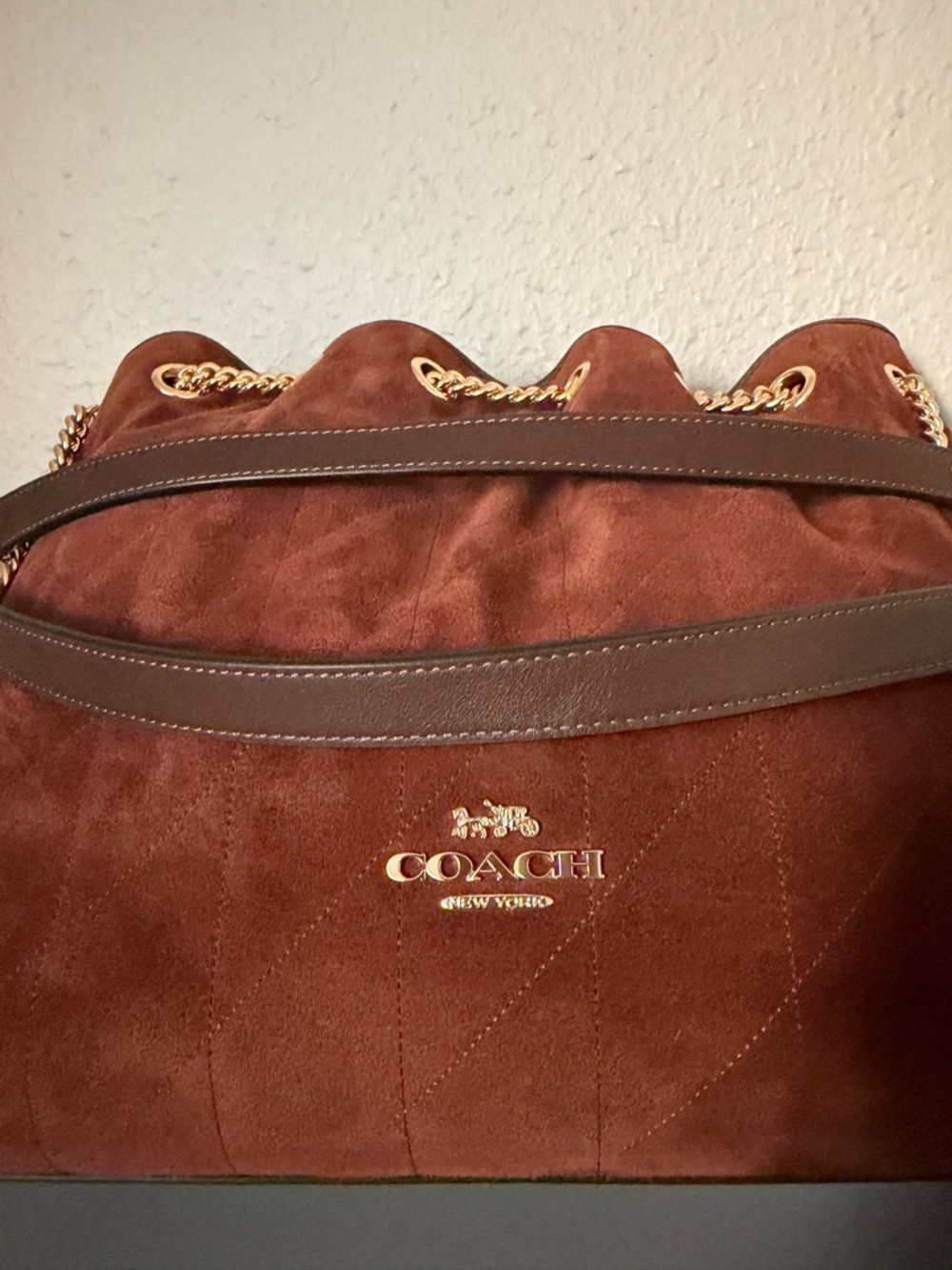 NWT Coach Evelyn Shoulder Bag With Quilting Suede with Gold Chain Trim - Picture 16 of 16